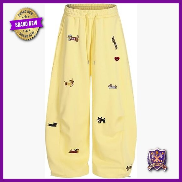 Unisex Sweatpants with Puppy Embroidery Elastic Waist Wide Leg Barrel Fit